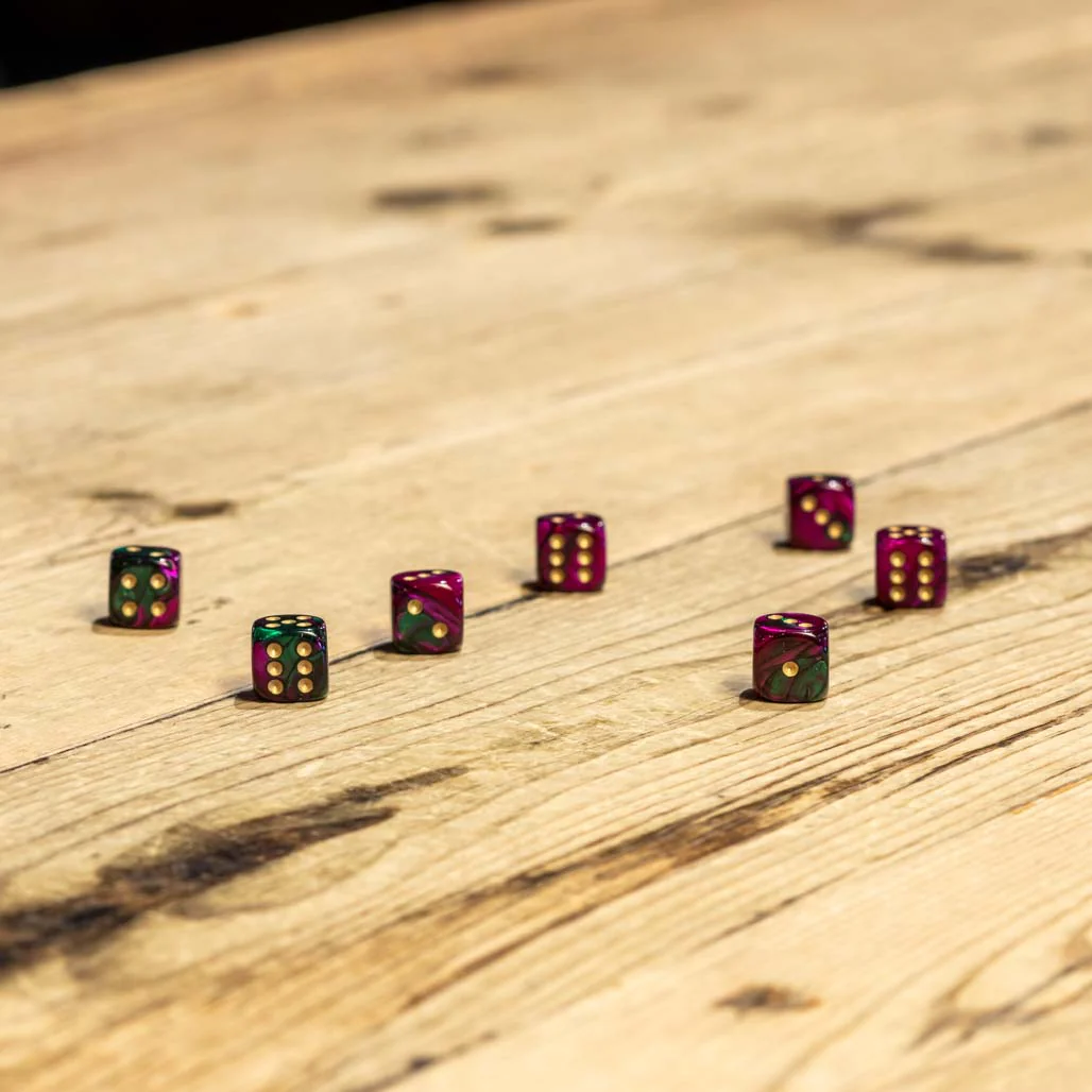 Chessex #26834 - Gemini Green-Purple / Gold d6 (36ct)